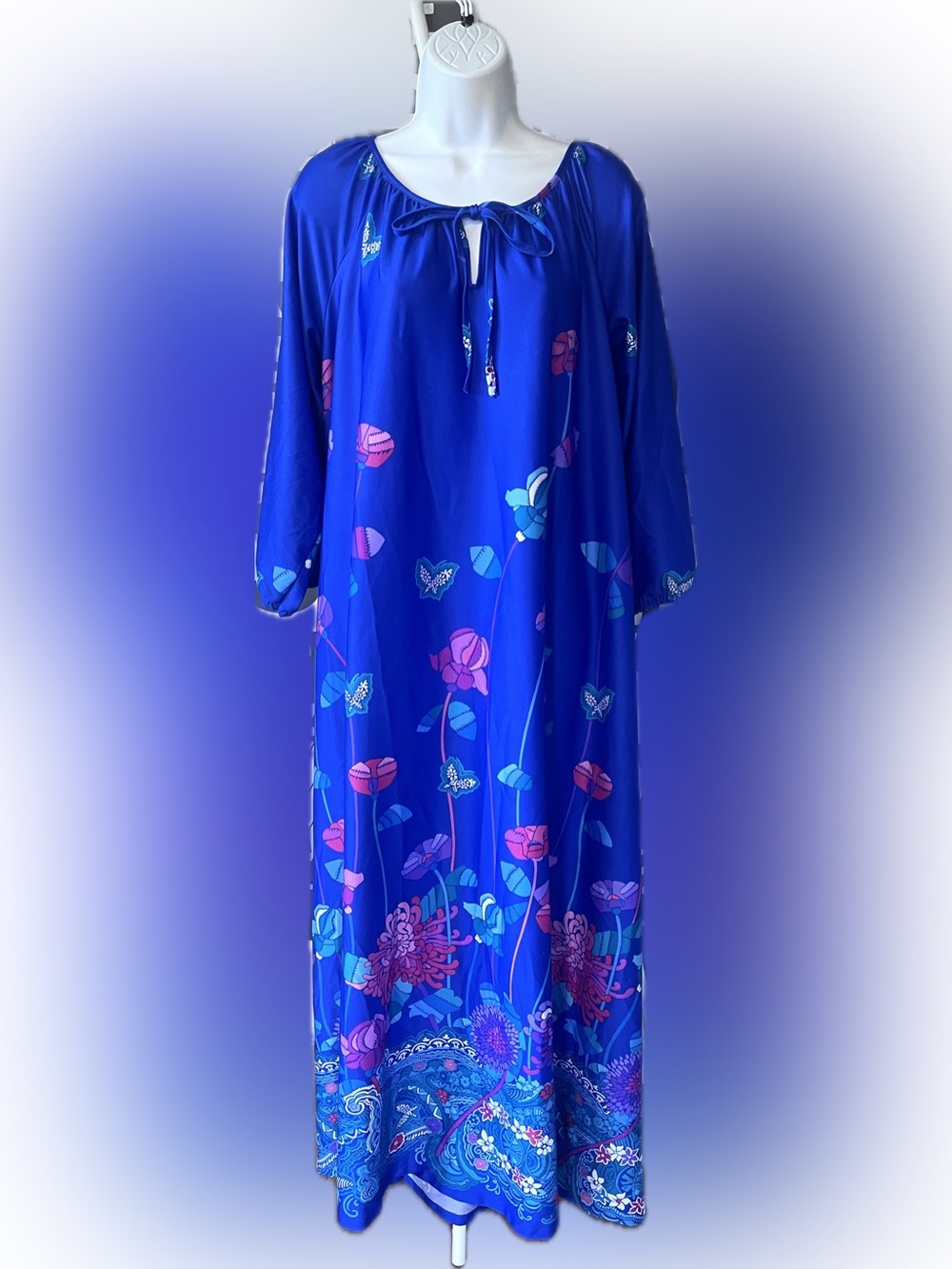 Vintage Granada Floral Maxi House Dress with Single Pocket, Boho, Flowy, Plus Si